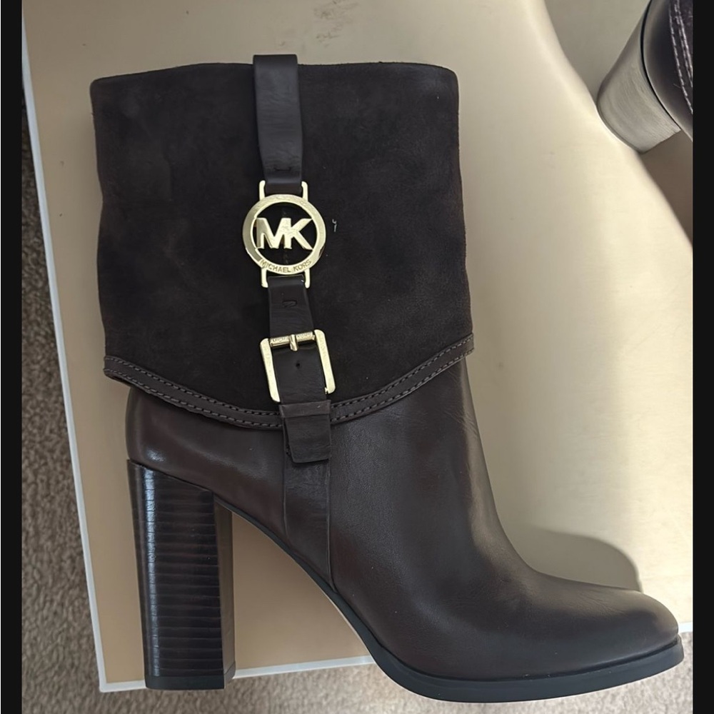 Michael Kors Dark Brown Heeled Boots with Gold Accent
